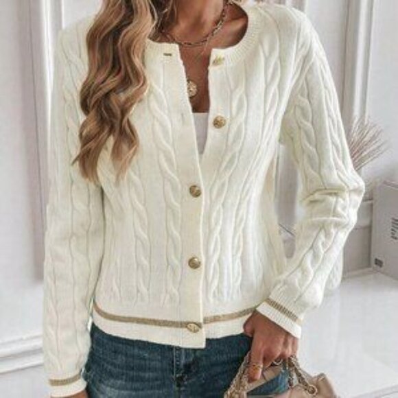 White Casual Women's Solid Color Button Decorated Long Sleeve Cardigan - Picture 3 of 6